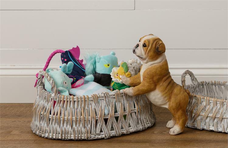 Cute little life-size pug statue memorizes the memory of your beloved canine that has passed or give your little one a companion friend that doesn't bark, doesn't eat, and doesn't need to be walked. Very detailed painted poly resin.Toys and baskets shown not included.