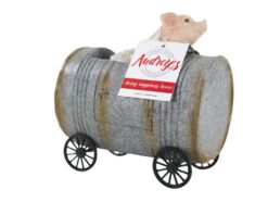 Made of hand-finished polyresin and stone powder that's finished to look like vintage iron, this barnyard duo is racing an old tin can on four wheels to the finish line. What a great addition to any country themed home!