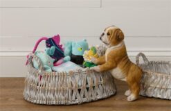 How adorable is this? Cute little life-size pug statue memorizes the memory of your beloved canine that has passed or give your little one a companion friend that doesn't bark, doesn't eat, and doesn't need to be walked. Very detailed painted poly resin.Toys and baskets shown not included.