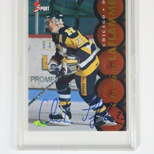 Upgrade your hockey memorabilia collection with this Christian Laflamme autographed 1995 hockey card from the Chicago Blackhawks. Excellent condition, ungraded, and comes in a hard case. Add a unique touch to your collection today!